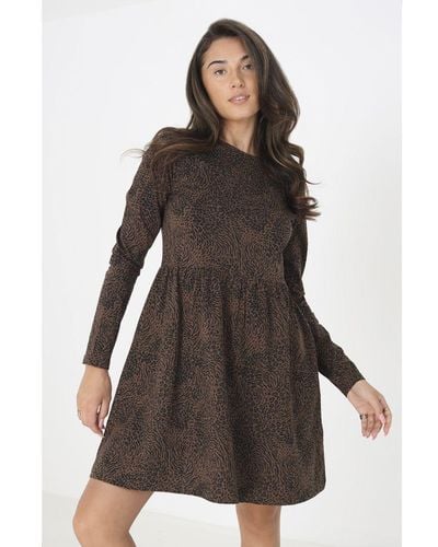 Brave Soul Cotton 'Sandie' Animal Print Long Sleeve Mini Smock Dress - Brown