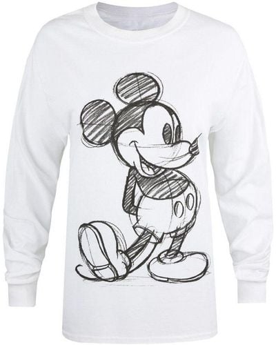 Disney Ladies Mickey Mouse Sketch Long-Sleeved T-Shirt () Cotton - White