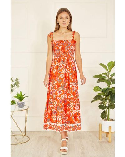 Yumi' Ikat Print Midi Sun Dress Cotton - Orange