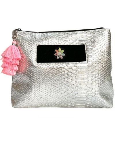 Apatchy London Snakeskin Wash Bag With Retro Daisy & Tassel Faux Leather - White