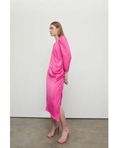 Warehouse Petite Satin Long Sleeve Wrap Midi Slip Dress - Pink
