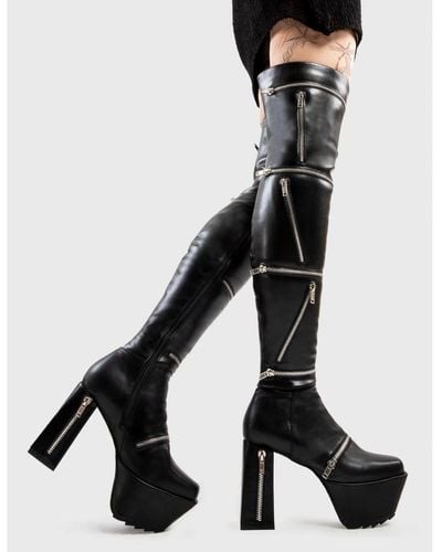 LAMODA Thigh High Boots Small Sacrifices Square Toe Platform Heel With Zip - Black
