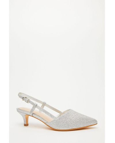 Quiz Wide Fit Silver Shimmer Low Court Heel - White