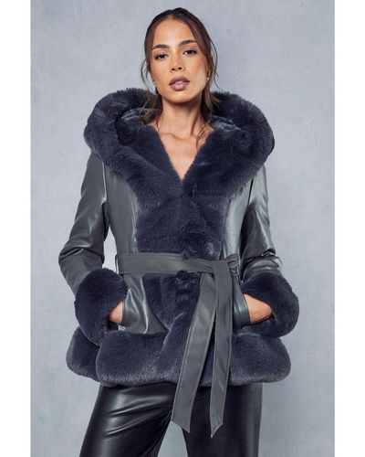 MissPap Faux Fur Leather Look Belted Coat - Blue