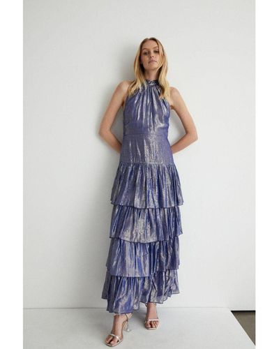 Warehouse Sparkle Halter Neck Tiered Maxi Dress Viscose - Blue