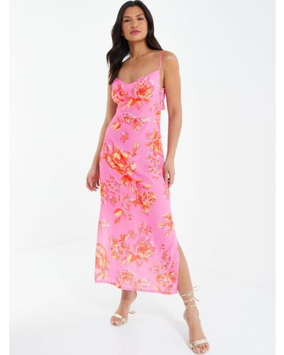 Quiz Floral Print Tie Back Midi Dress - Pink