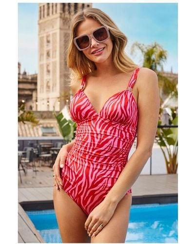 Sosandar Zebra Print Ruched Detail Swimsuit With Polyamide - Pink