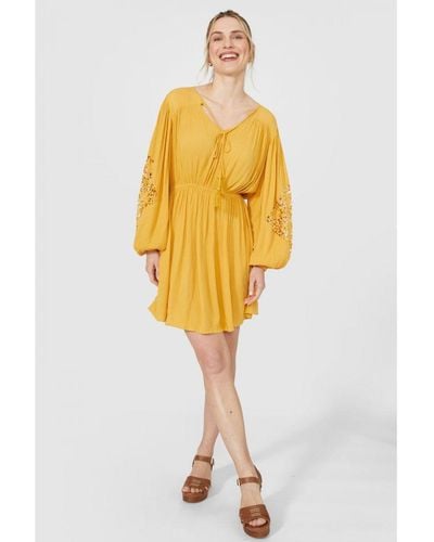 Mantaray Longsleeve Lace Trim Dress Viscose - Yellow