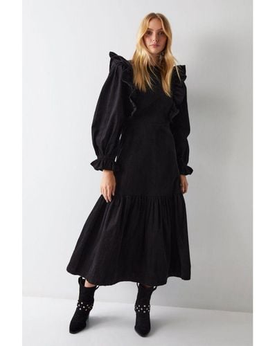 Warehouse Cord Ruffle Long Sleeve Smock Dress - Black