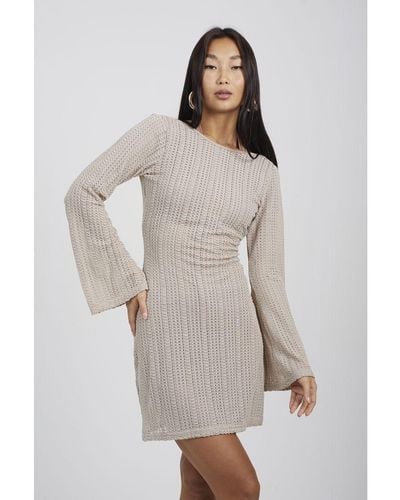 Brave Soul Taupe 'maddy' Long Sleeve Knitted Mesh Mini Dress - Grey