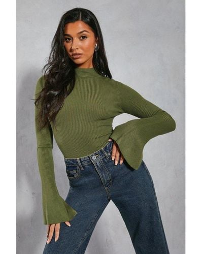 MissPap Knitted Ribbed High Neck Top - Green