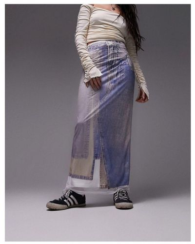 TOPSHOP Denim Print Mesh Midi Skirt - Blue