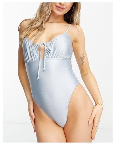 South Beach Shiny Tie Front High Rise Swim Suit - Blue