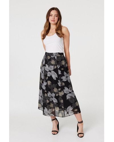 Izabel London Black Leaf Print High Waist Midi Skirt - White