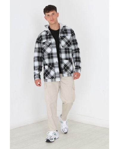 Brave Soul 'Crown' Checked Shacket With Jersey Hood - White