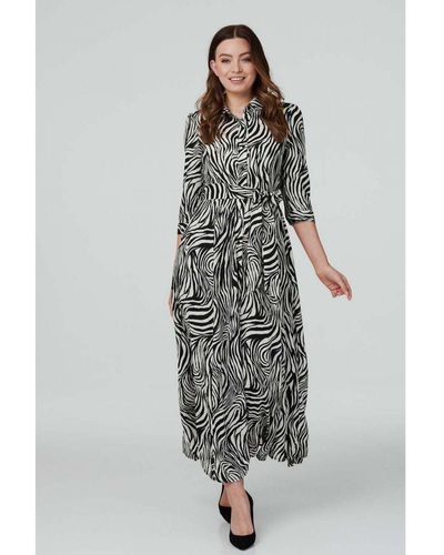 Izabel London Zebra Print Midi Shirt Dress - Grey