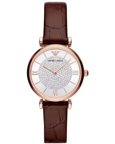 Emporio Armani Brown Steel And Leather Quartz Watch - White