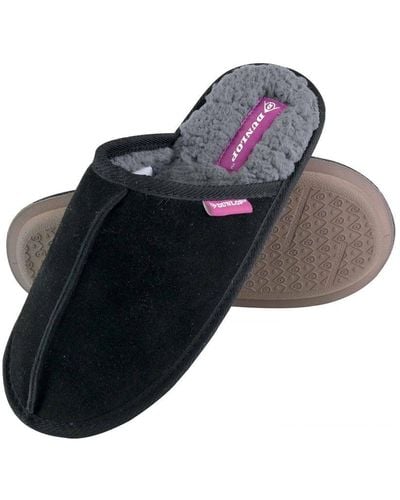 Dunlop Ladies Winter Warm Cute Plush Comfy Mules Suede Slippers - Black