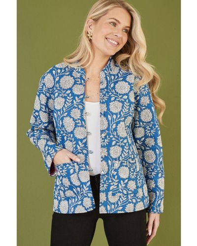 Yumi' Floral Print Reversible Cotton Quilted Jacket - Blue