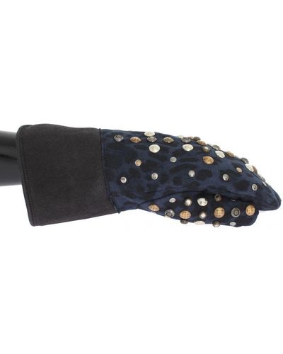Dolce & Gabbana Grey Wool Shearling Studded Blue Leopard Gloves - Black