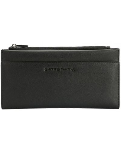 Smith & Canova Smooth Leather Long Zip Top Pocket Purse - Black