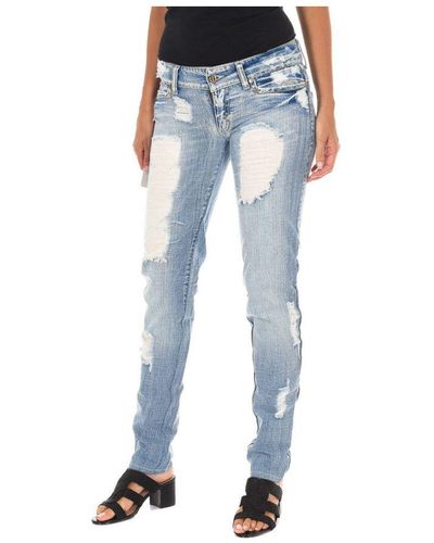 Met Long Ripped Effect Denim Trousers With Chiffon D012929-d024 Woman Cotton - Blue