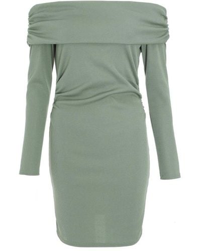 Quiz Sage Ribbed Bardot Mini Ruched Dress - Green