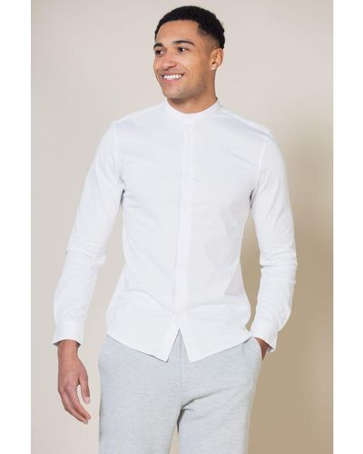 Nines Linen Blend Long Sleeve Button-Up Shirt With Grandad Collar - White