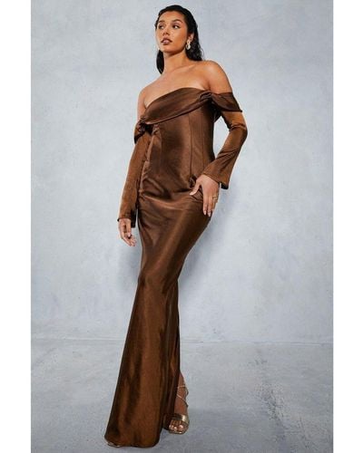 MissPap Satin Bardot Flared Sleeve Maxi Dress - Brown