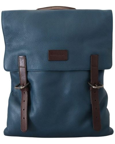 Dolce & Gabbana Blue Calfskin Leather Logo Plaque Backpack Bag