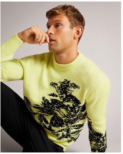 Ted Baker Unicon Long-Sleeved Floral Jacquard Crew Neck, Neon - Yellow