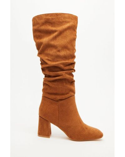 Quiz Tan Faux Suede Ruched Heeled Boots - Brown