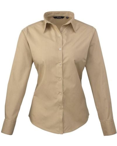 PREMIER Ladies Poplin Long Sleeve Blouse / Plain Work Shirt () - Natural
