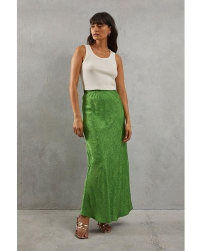 Warehouse Premium Satin Jacquard Pull On Bias Maxi Skirt - Green