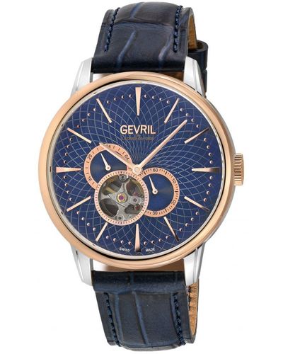 Gevril Mulberry Ss Case,Rg Bezel, Dial With Embossed Textured, Genuine Italian Handmade Leather Strap - Grey