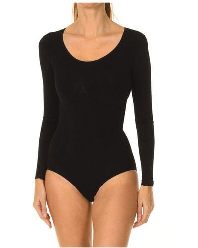 Intimidea Womenss Long Sleeve Round Neckline Shaping Bodysuit 510235 - Black