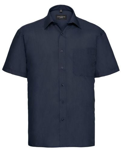 Russell Collection Short Sleeve Poly-Cotton Easy Care Poplin Shirt (French) - Blue