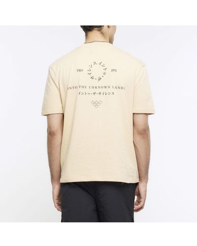 River Island T-shirt Stone Regular Fit Japanese Graphic Cotton - Natural