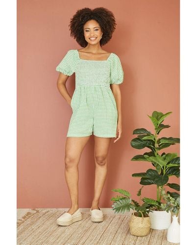 Yumi' Cotton Gingham Puff Sleeve Playsuit - Green