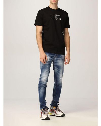 DSquared² Paint Splatter Skater Distressed Slim Fit Stretch Jeans - Zwart
