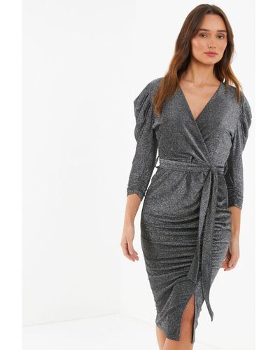 Quiz Shimmer Ruched Midi Dress - Grey