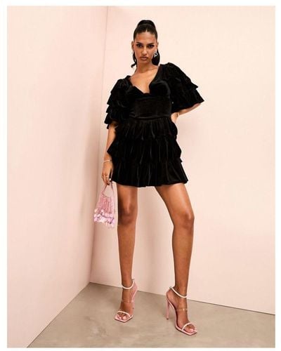 ASOS Velvet Ruffle Sleeve And Pep Corset Mini Dress - Black