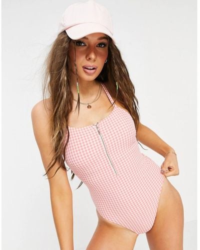 Juicy Couture Cruel Summer Cross Back Swimsuit In Coral Gingham Spandex - Pink