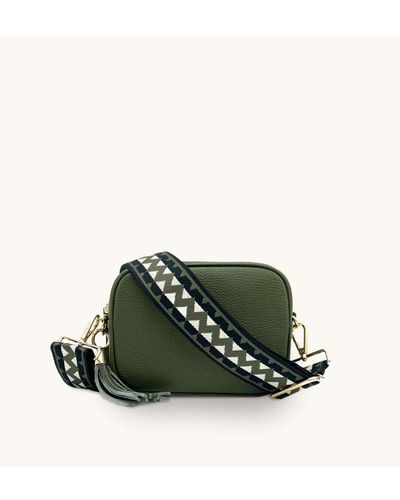 Apatchy London Olive Green Leather Crossbody Bag With & Black Zigzag Strap