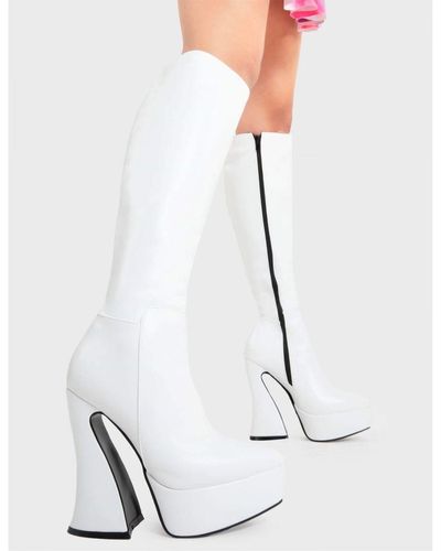 LAMODA Knee High Boots Money Moves Round Toe Platform Heels With Zipper - White