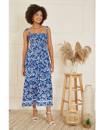 Yumi' Ikat Print Midi Sun Dress Cotton - Blue