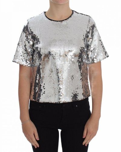 Dolce & Gabbana Silver Sequined Crewneck Blouse T-shirt Top - Multicolour