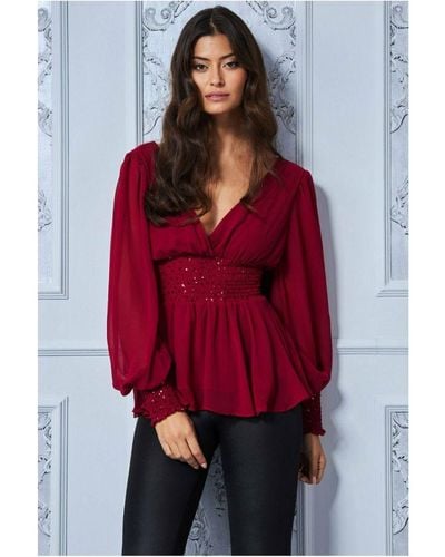 Goddiva Sequin Chiffon Puffy Sleeve Top - Red