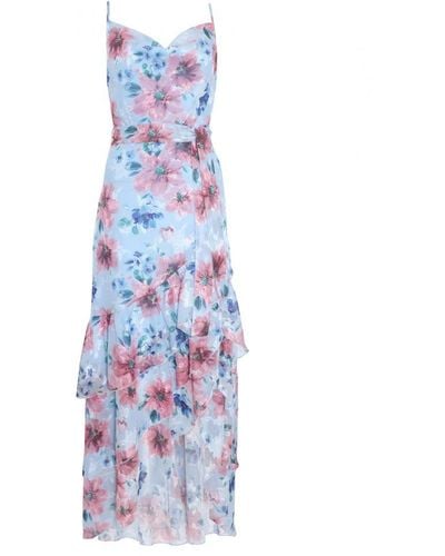 Quiz Blue Chiffon Floral Ruffle Maxi Dress - White