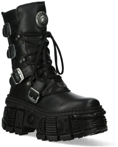New Rock Mid-Calf Leather Goth Boots-Wall373-S5 - Black